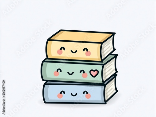 Cute stack of three kawaii books with smiling faces and pastel colors