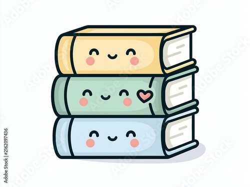 Cute stack of three kawaii books with happy smiling faces and pastel colors