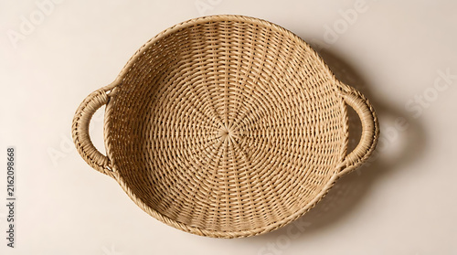 Top view of an empty round woven wicker basket with handles on a neutral beige background. Handcrafted rattan tray for home decor, storage, and organic interior styling.