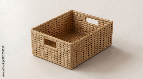 Empty woven rectangular storage basket made of natural seagrass with built-in handles isolated on a clean neutral background perfect for home organization and minimalist interiors