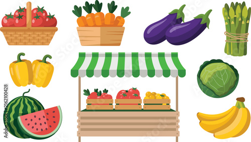 Local Farmers Market Stall and Fresh Harvest Vegetables Vector Set Featuring Tomato Basket, Carrots, Eggplant, Asparagus, Bell Pepper, Cabbage, Watermelon, and Bananas