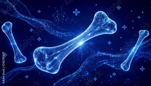 3D medical illustration of glowing human femur bones with digital particles for orthopedic technology and bone health research