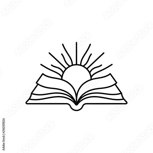 Open book with rising sun rays line art illustration logo for education and knowledge concept