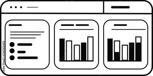 Minimalist digital dashboard interface vector illustration featuring data visualization charts and layout information boxes