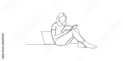 Continuous single line drawing of a young woman sitting on the floor and reading a book with a pillow behind her