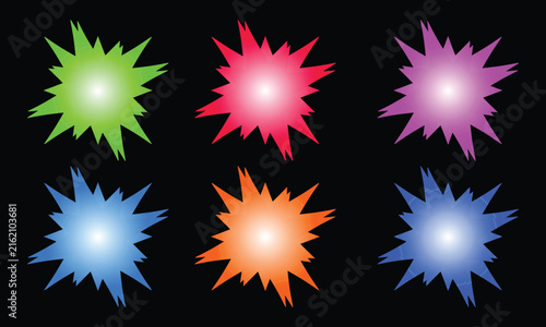 Set of colorful starburst explosion shapes with radial gradients isolated on a solid black background