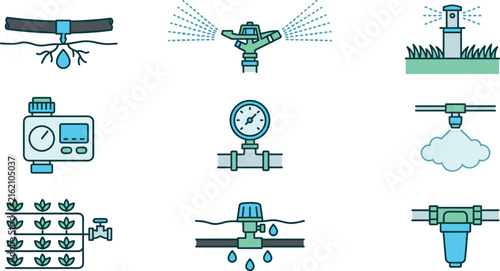 Smart Irrigation System Icons Vector Set with Sprinklers, Water Valve, Pressure Gauge, Drip Irrigation, Garden Watering, and Agricultural Equipment