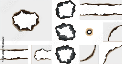 Burned Paper Edges and Bullet Hole Effects Vector Set with Torn Borders, Scorched Frames, Ripped Openings, and Distressed Damage Elements