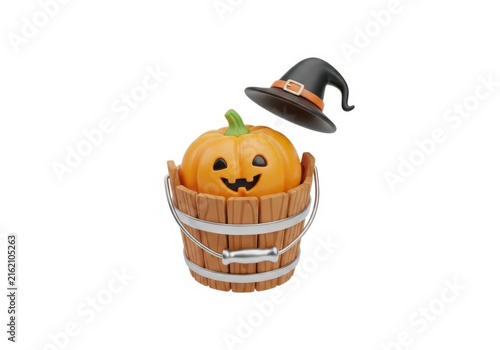 Smiling jack o lantern in wooden bucket with witch hat