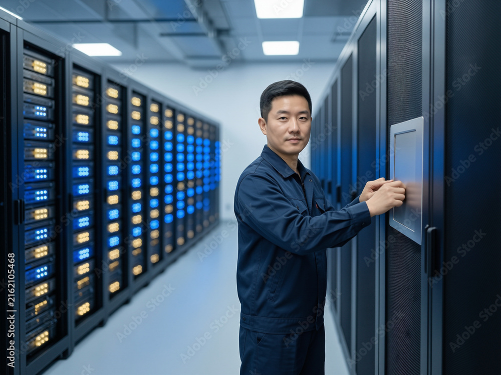 Fototapeta premium IT Engineer Working in Copyright Safe Data Center Environment