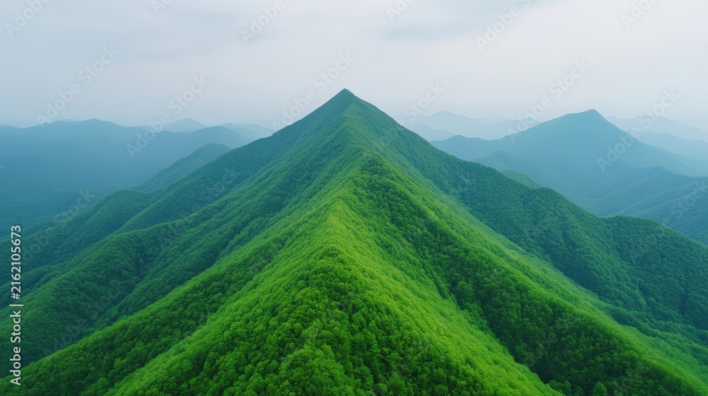 Fototapeta premium Verdant mountain peaks stretch into the distance under a hazy sky, covered in lush green forest.