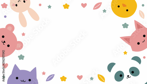 Whimsical animal border with cute faces and colorful accents on cream background