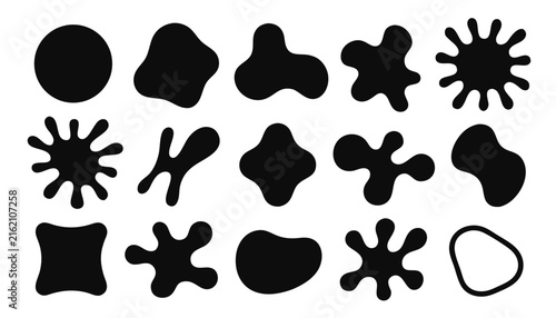Abstract fluid blob shapes, modern organic black amoeba forms, liquid ink splatters, and soft silhouette geometric elements