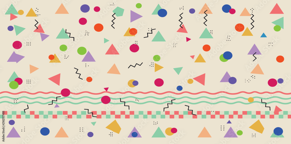 Fototapeta premium Abstract Geometric Collage: A vibrant and playful collage featuring a charming assortment of geometric shapes and patterns, evoking a sense of whimsical retro design.