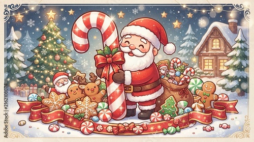 Cute santa claus holding a giant candy cane with christmas cookies