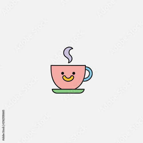 Картината върху платно Smiley Coffee Cup: A charming illustration of a pink coffee cup with a happy face, steaming gently, sits on a saucer, evoking warmth and cheerfulness
