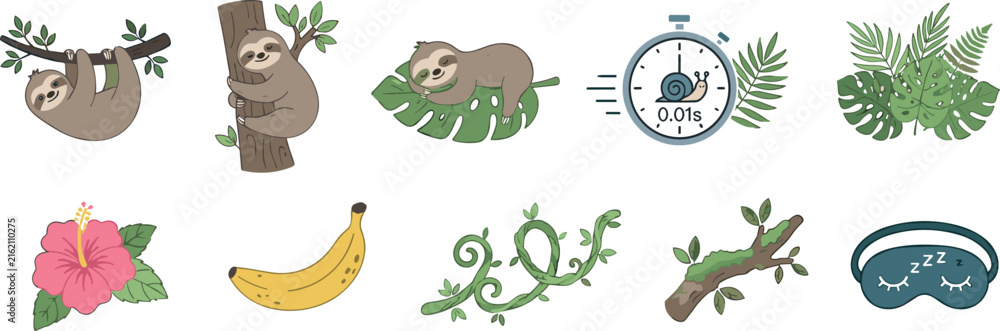 Obraz premium Cute Sloth Vector Illustration Set with Tropical Leaves Banana Flower and Slow Snail Stopwatch Icons Isolated on White Background for Sticker Designs