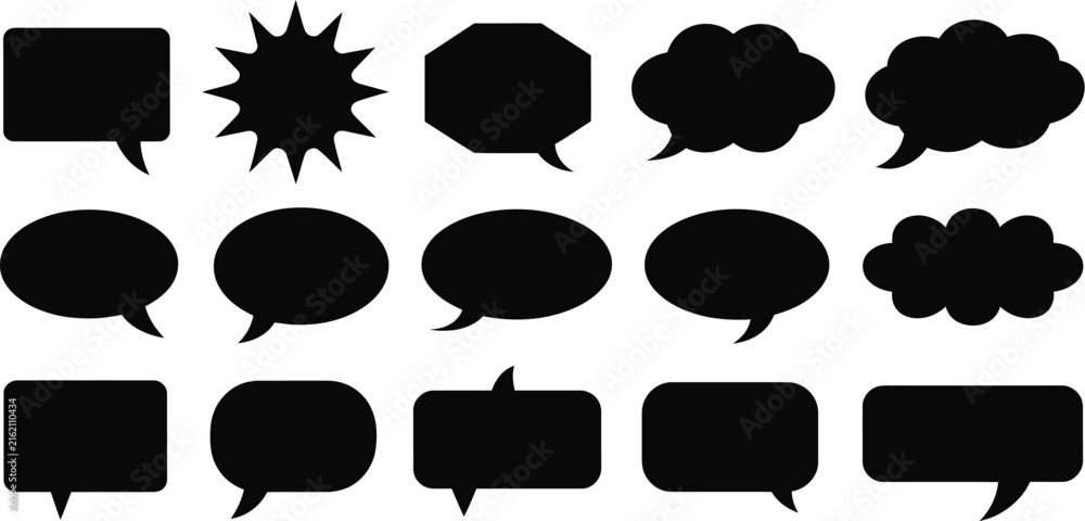 Fototapeta premium Speech bubbles set, comic talk signs, blank message boxes, chatting symbols, dialogue shapes, vintage communication graphics, vector design elements.