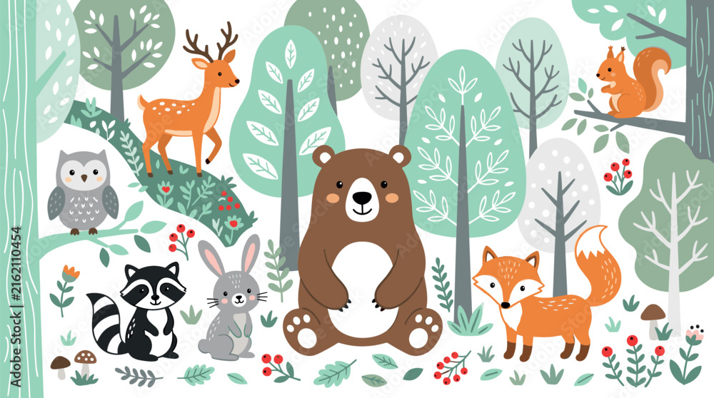 Naklejka premium Cute Woodland Animals Vector Illustration Set with Bear, Fox, Deer, and Owl in Scandi Style Forest Background for Kids Nursery Designs