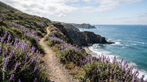 Scenic coastal hiking path winding along rugged cliffs with blooming purple wildflowers and panoramic ocean views