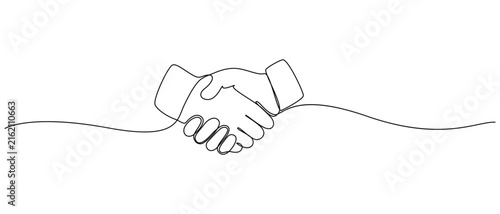 Continuous line drawing of a handshake symbolizing unity and agreement. Continuous one line drawing of two people shaking hands representing business partnership and agreement 