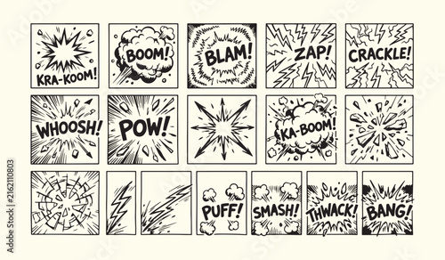 Comic book action sound effects and explosion panels vector illustration with explosion illustration collection exclamation comicbook