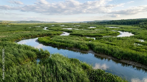 Scenic Landscape of a Curvy River Flowing Through Vibrant Green Reed Fields and Natural Wetland Ecosystem with Hill Back