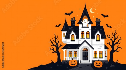 A spooky and delightful halloween scene a charming haunted house with jack o' lanterns and bats