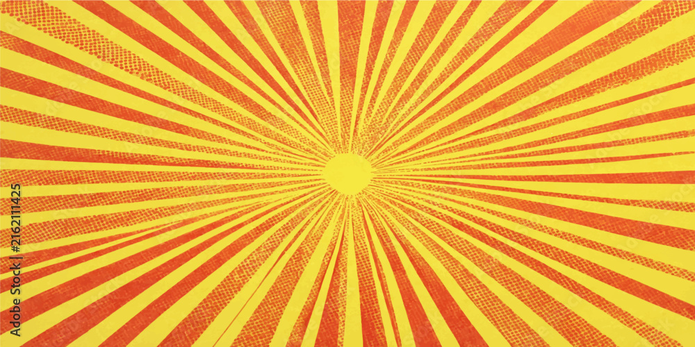 Fototapeta premium Orange Sunburst Background with Radiating Rays, Abstract Yellow Light Burst, Retro Starburst Vector Pattern for Summer Sunrise Wallpaper and Warm Decorative Backdrop