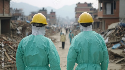Two rescue workers in protective gear and helmets walk through a street filled with debris and destruction, likely after a natural disaster.