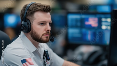 A focused male dispatcher wearing a headset works at a computer station with multiple monitors in a control room.