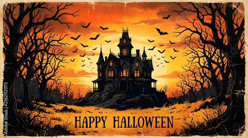 A spooky vintage style halloween illustration featuring a haunted mansion and a dramatic orange sunset