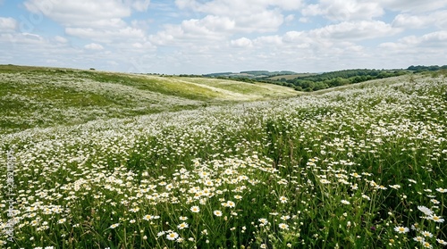 Beautiful summer landscape with a vast field of white daisy flowers blooming on rolling green hills under a blue sky