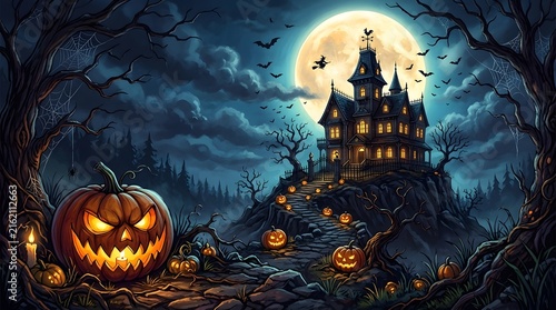A spooky halloween night scene featuring a haunted castle jack o' lantern and a full moon