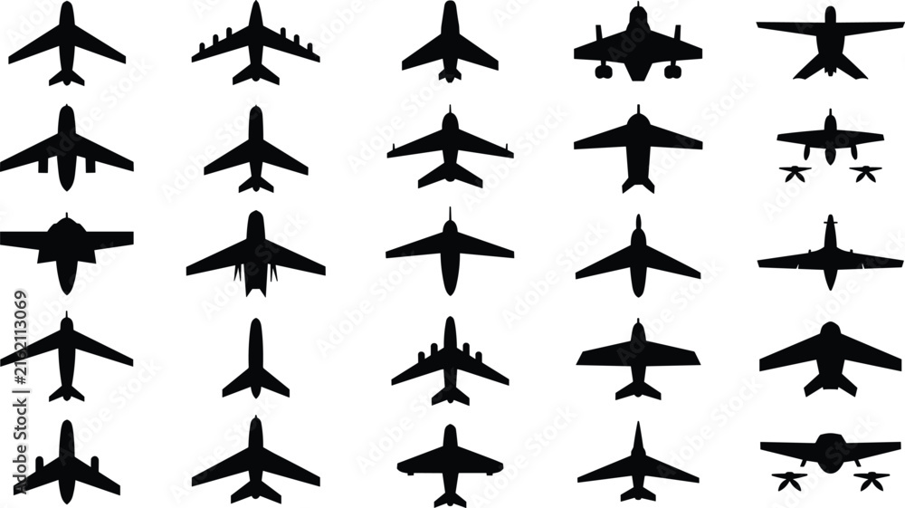 Fototapeta premium Airplane Silhouette Vector Icon Set Collection Featuring Commercial Passenger Jets Military Fighter Aircraft Flight Transport Isolated
