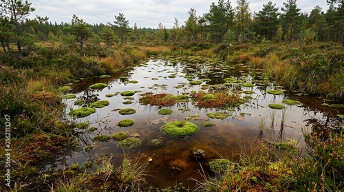 Tranquil peat bog landscape with vibrant green moss clumps floating in calm water surrounded by wild pine forest