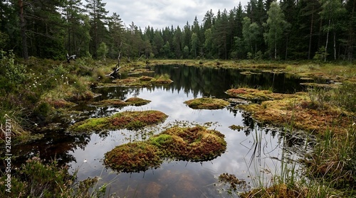 Tranquil Nordic Swamp Lake with Mossy Peat Hummocks and Dark Water Reflections in a Dense Pine and Spruce Forest