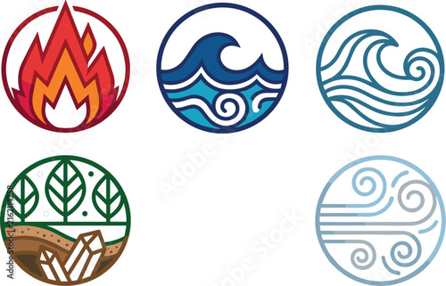  Four elements icon collection featuring minimalist fire water earth and air circular vector logos on white background