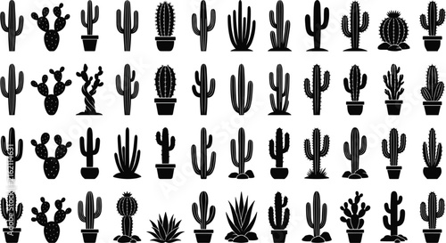  Black cactus silhouette collection featuring minimalist desert plant icons and succulent vector logos on white background