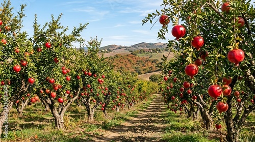 Sunny Pomegranate Orchard with Ripe Red Fruit Hanging from Trees in Beautiful Rural Landscape during Harvest Season