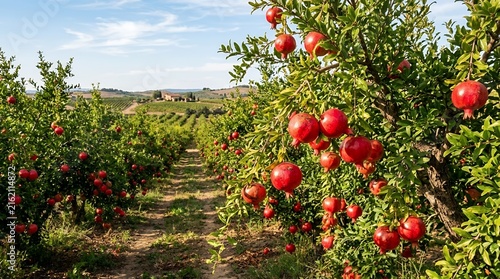 Beautiful Pomegranate Orchard in Rural Landscape with Ripe Red Fruit Hanging from Green Trees under a Sunny Blue Sky