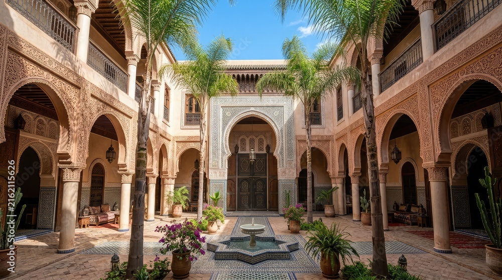 Fototapeta premium Intricate moorish architecture in a sunlit courtyard of the alhambra palace in granada