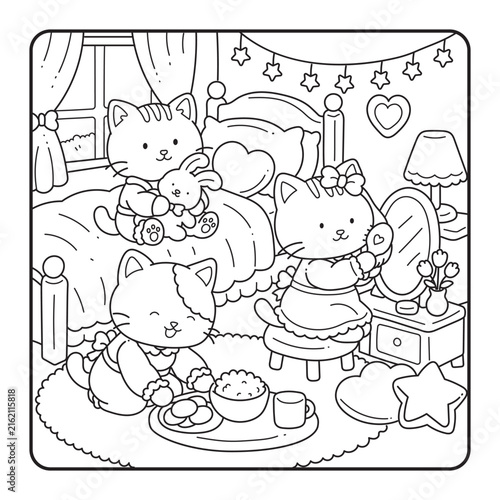 Cute Cat Friends Cozy Bedroom Coloring Page – Adorable Animal Line Art Illustration for Kids