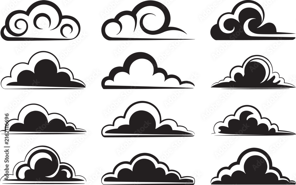 Fototapeta premium Set of stylized japanese clouds in black ink graphic style for oriental motif art and decorations.