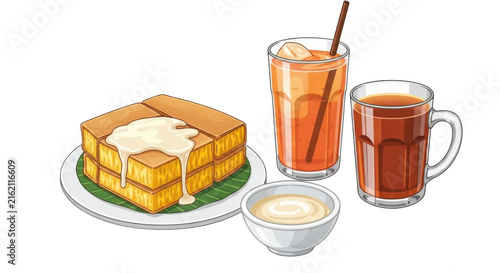 Illustration of Sweet Toast with Condensed Milk and Tea Drinks