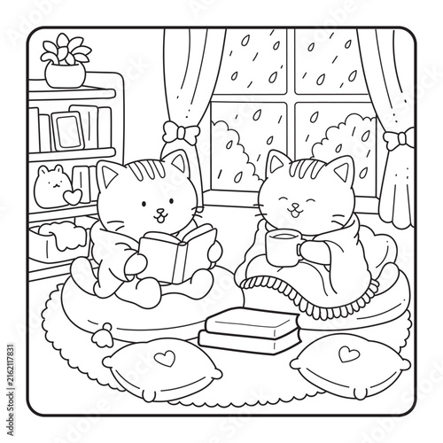 Cute Cozy Cats Reading Books by the Rainy Window Coloring Page Line Art