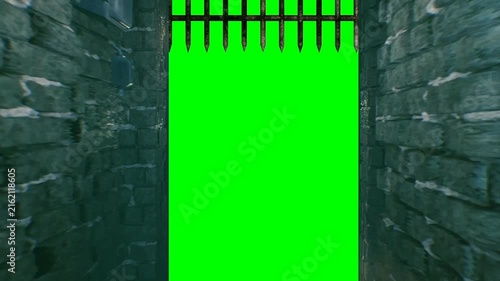 dungeon prison, gate hallway, with green screen chroma key background
