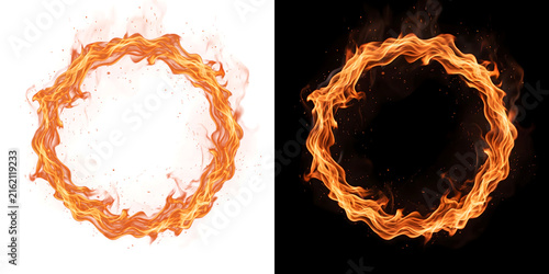 Konstfotografi Ring of fire flame circle blazing brightly with sparks on a black background in