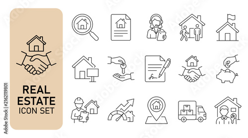Real Estate Line Icon Set with House Property Agent Contract Mortgage Investment and Home Buying Symbols