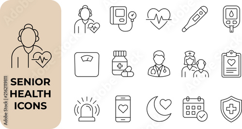 Senior Health and Elderly Care Line Icon Set with Medical Checkup Heart Monitoring Doctor and Wellness Symbols